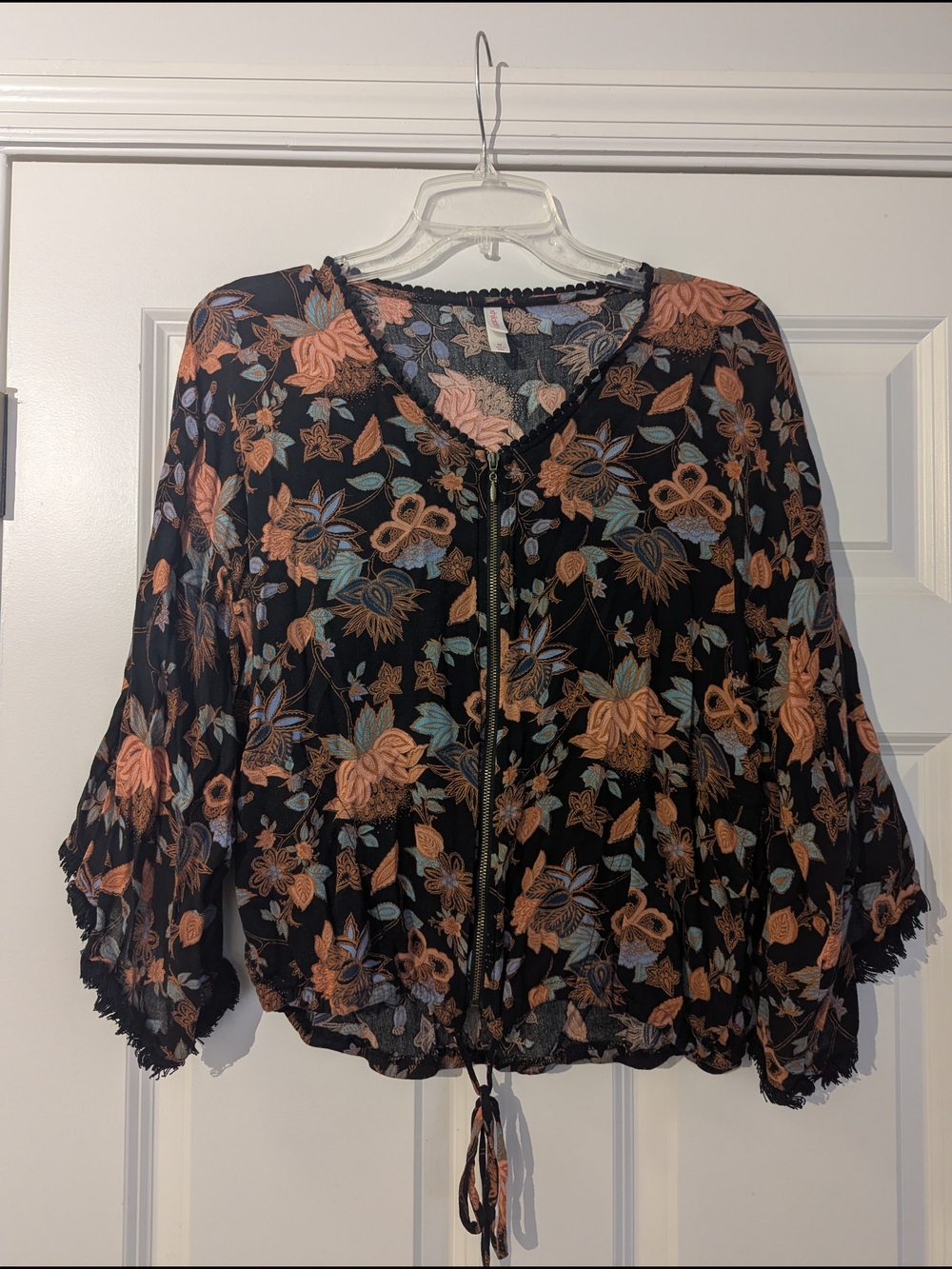 Xhilaration Black Floral Tie-Front Peasant Blouse with Coral & Teal Flowers